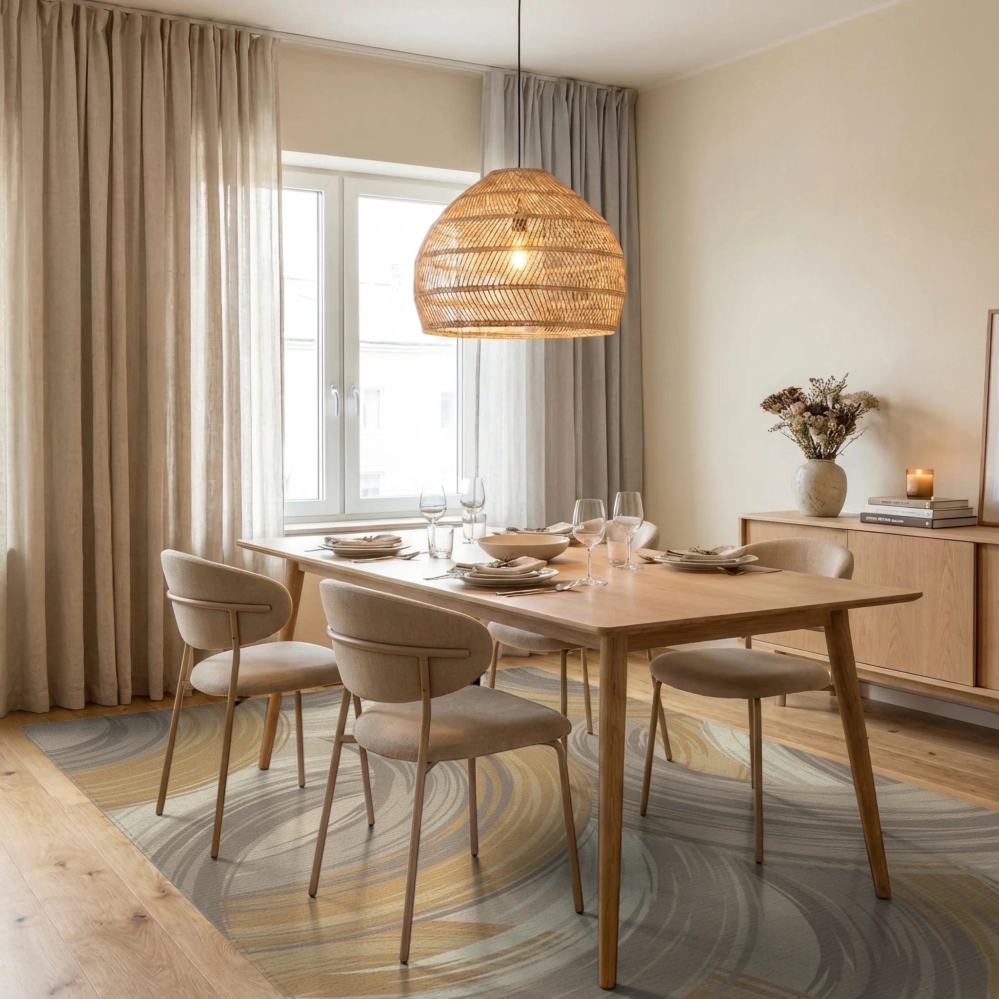 Golden Brown Swirl Abstract Ring Rug Dining Room View