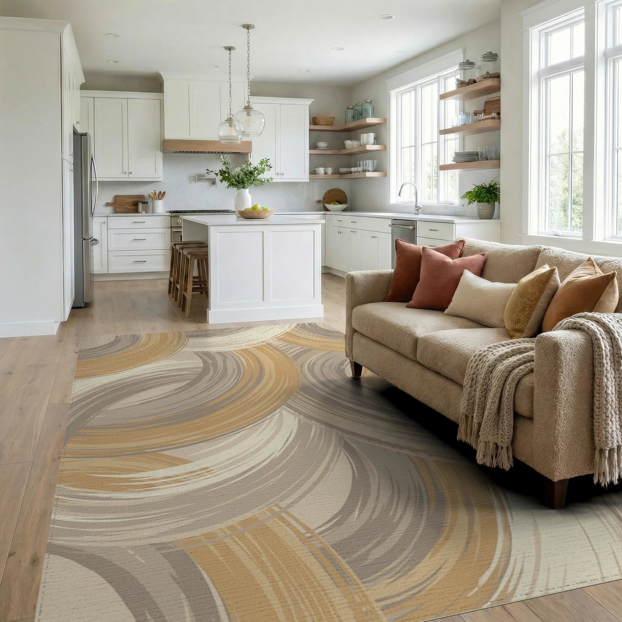 Golden Brown Swirl Abstract Ring Rug Living Room View