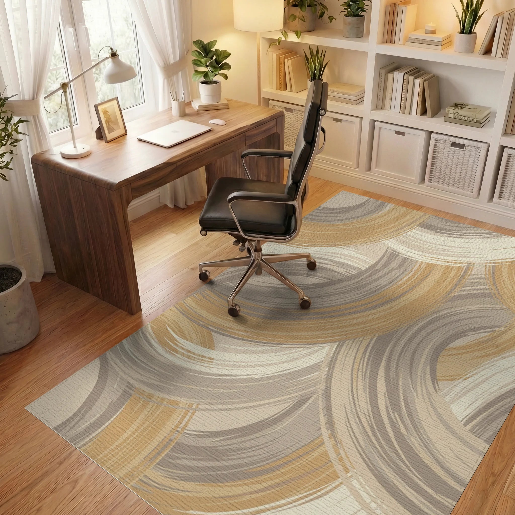 Golden Brown Swirl Abstract Ring Rug Office View