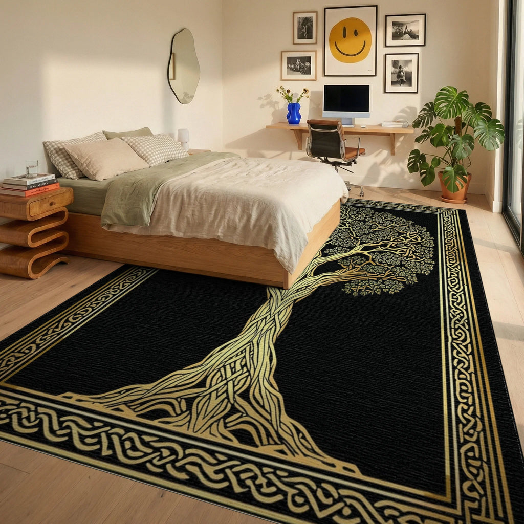 Golden Celtic Tree of Life Rug - Bedroom View