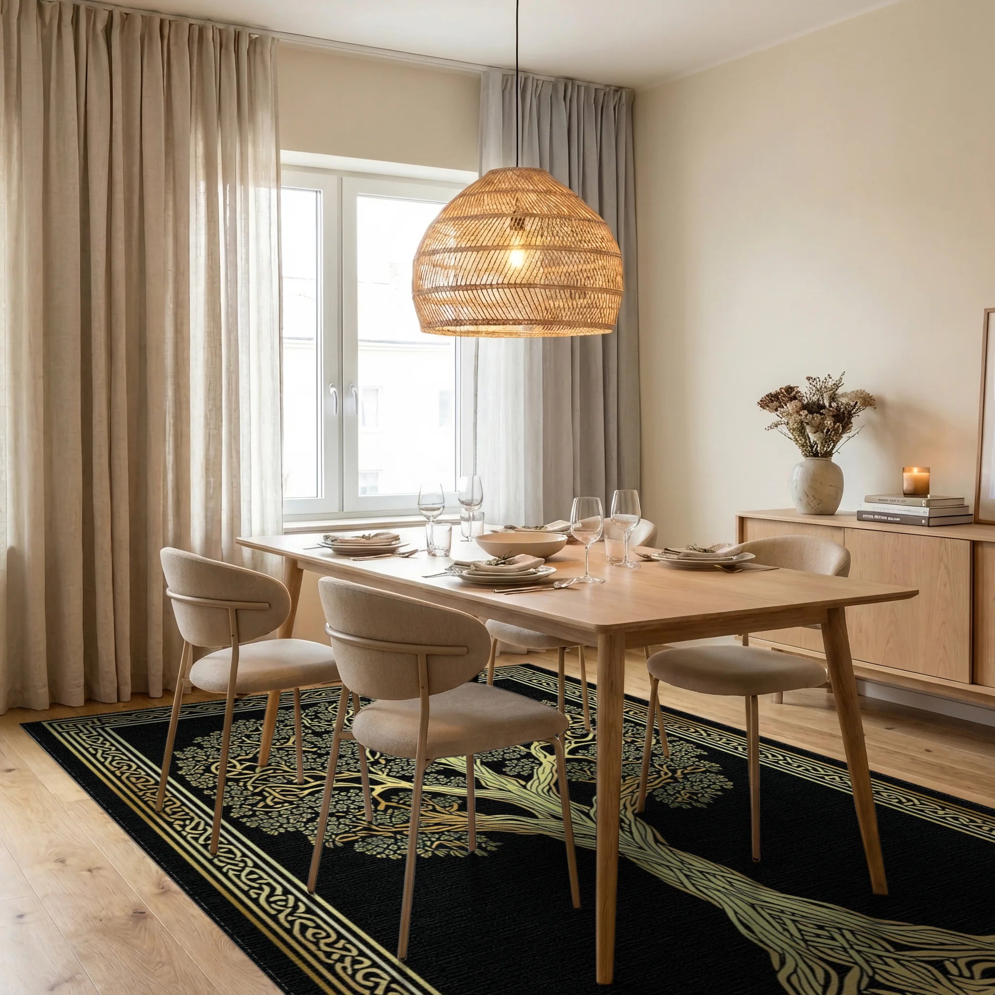 Golden Celtic Tree of Life Rug - Dining Room View