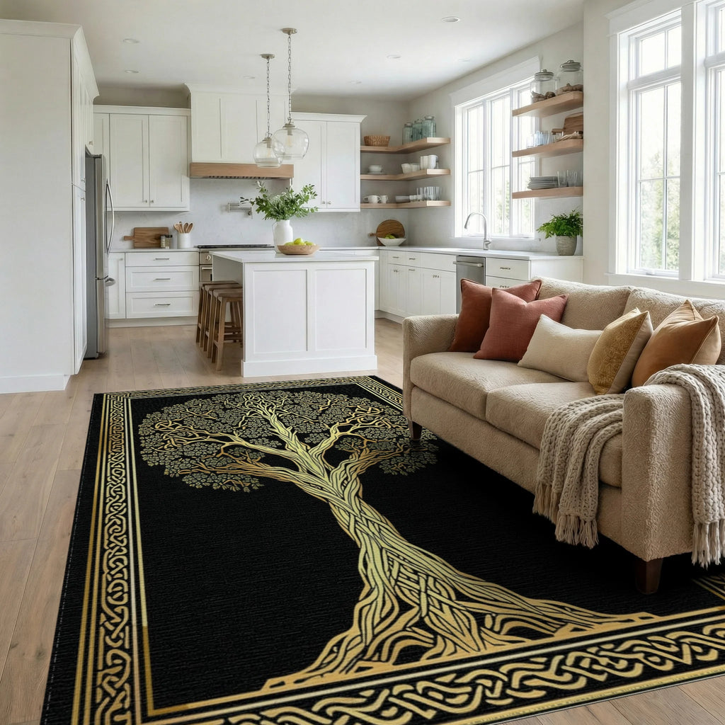Golden Celtic Tree of Life Rug - Living Room View