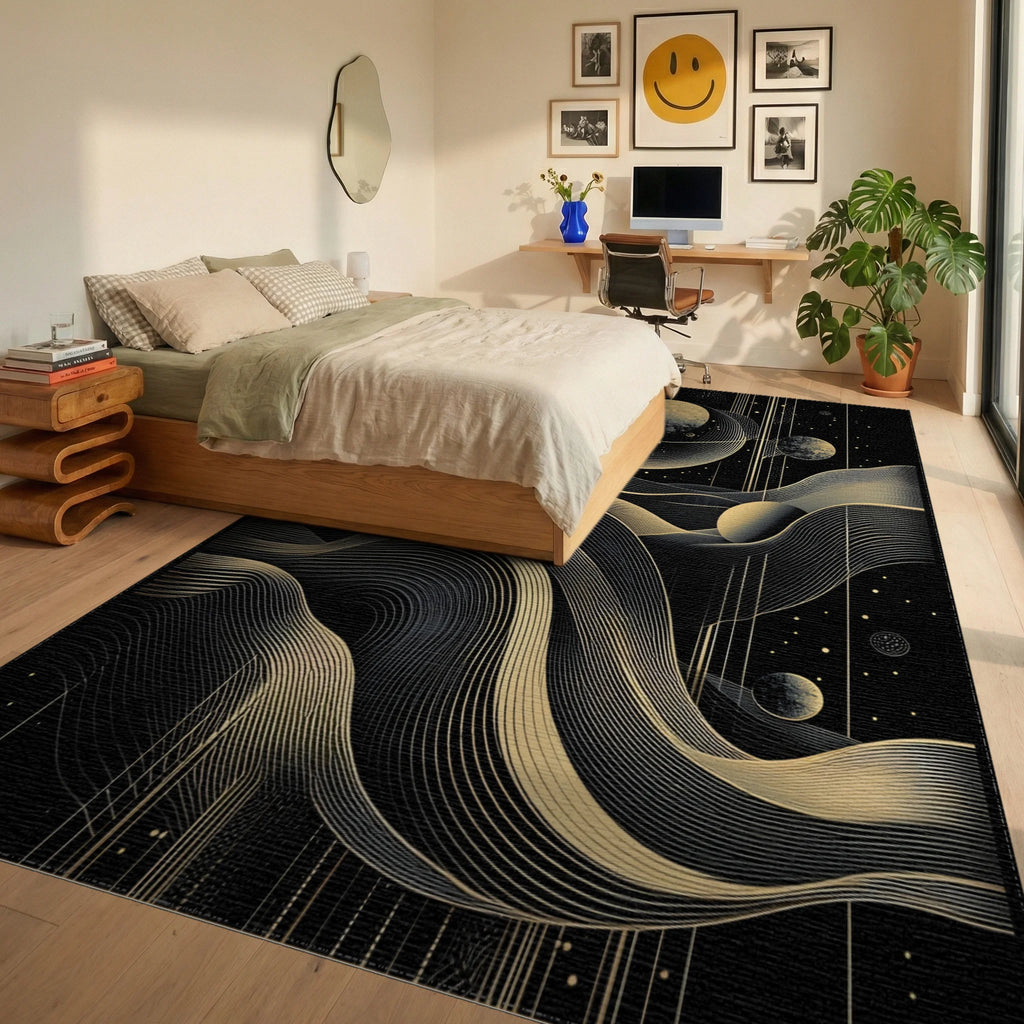 Golden Cosmic Wavy Planets Rug - Bedroom View
