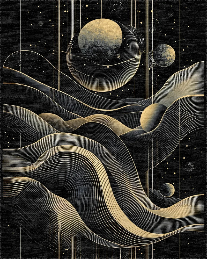 Golden Cosmic Wavy Planets Rug - Cutout View
