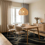 Golden Cosmic Wavy Planets Rug - Dining Room View