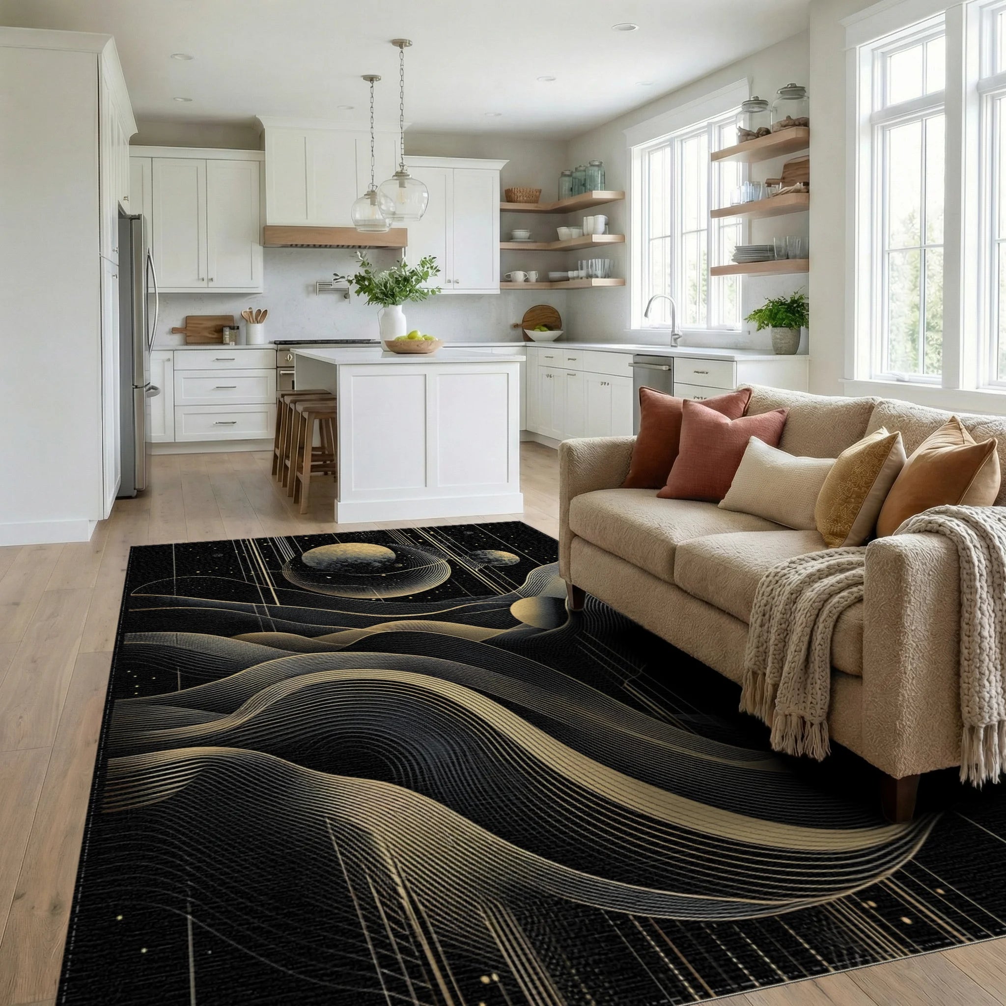 Golden Cosmic Wavy Planets Rug - Living Room View