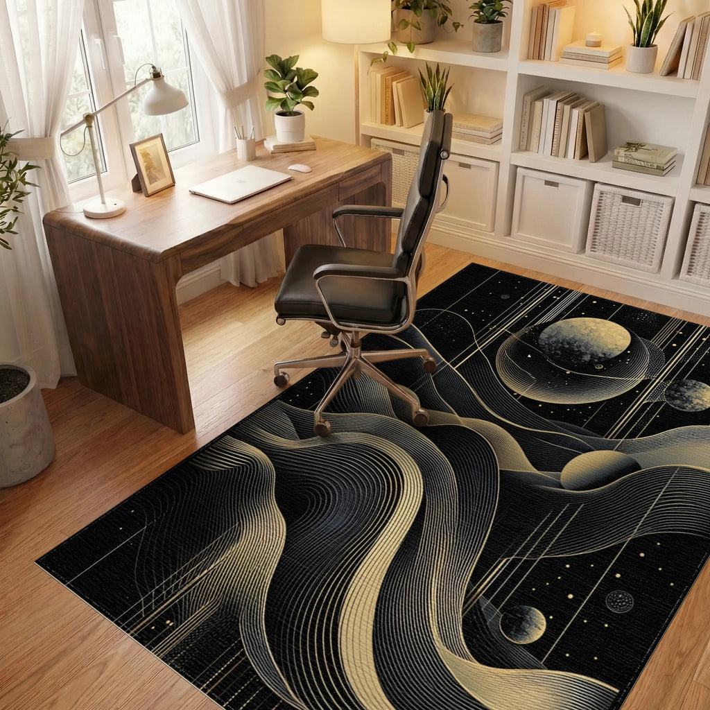 Golden Cosmic Wavy Planets Rug - Office View