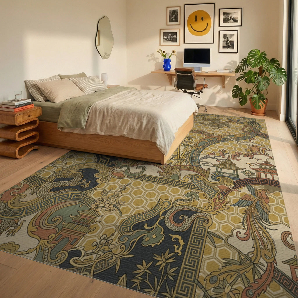Golden Dragon Phoenix Pagoda Landscape Rug Bedroom View