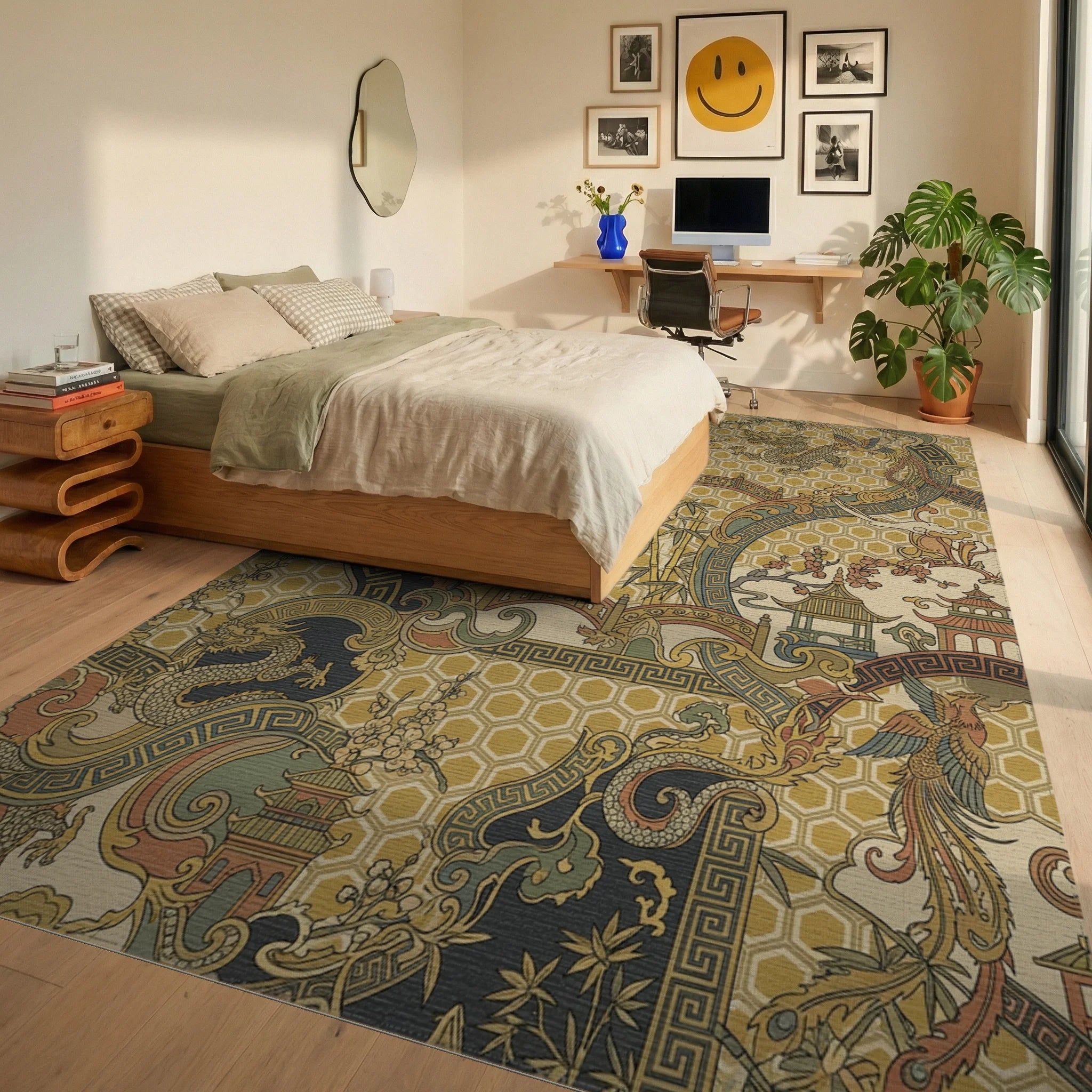 Golden Dragon Phoenix Pagoda Landscape Rug Bedroom View