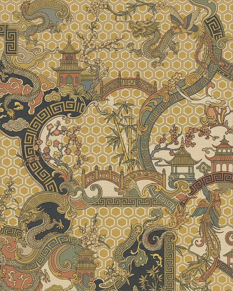 Golden Dragon Phoenix Pagoda Landscape Rug - Cutout View