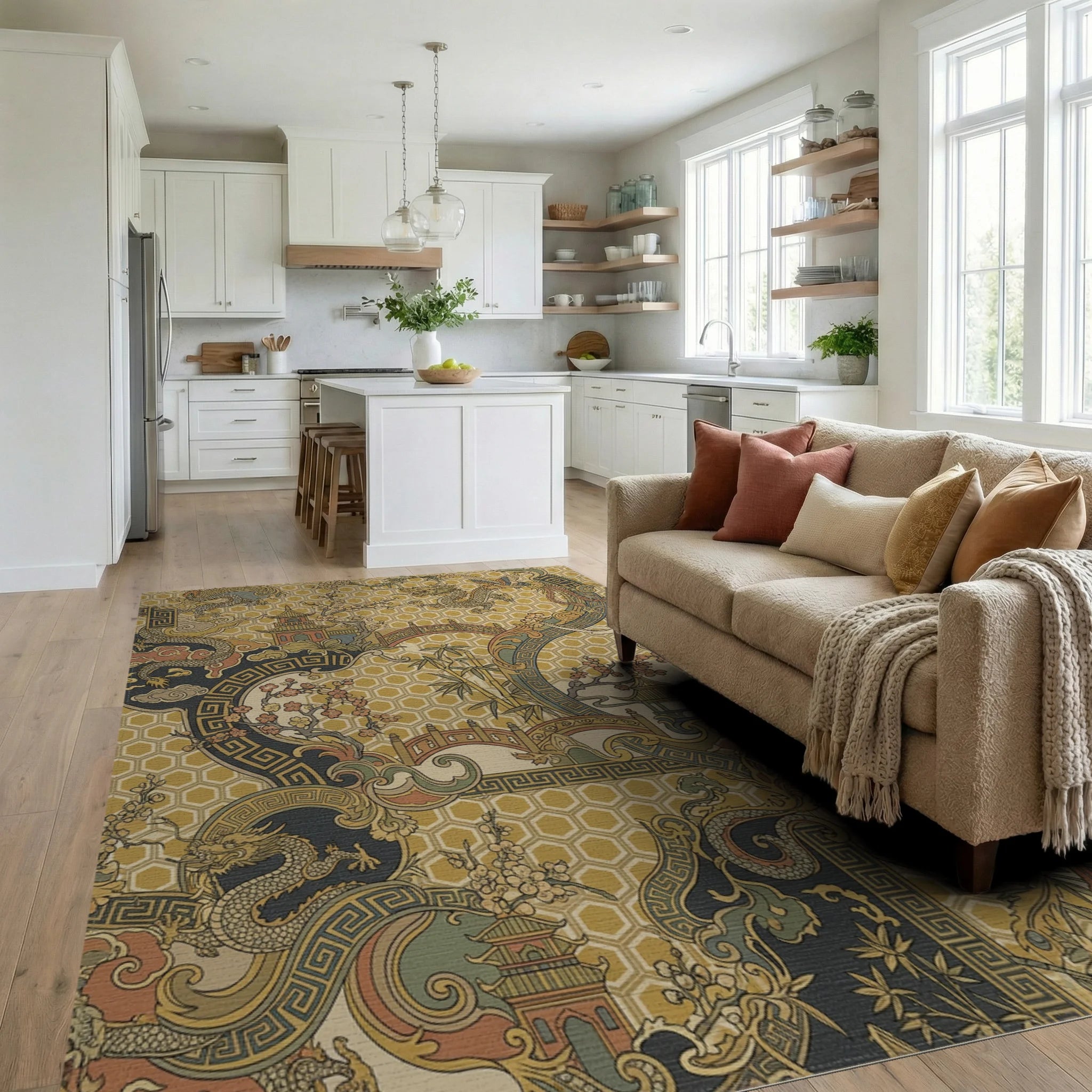 Golden Dragon Phoenix Pagoda Landscape Rug Living Room View