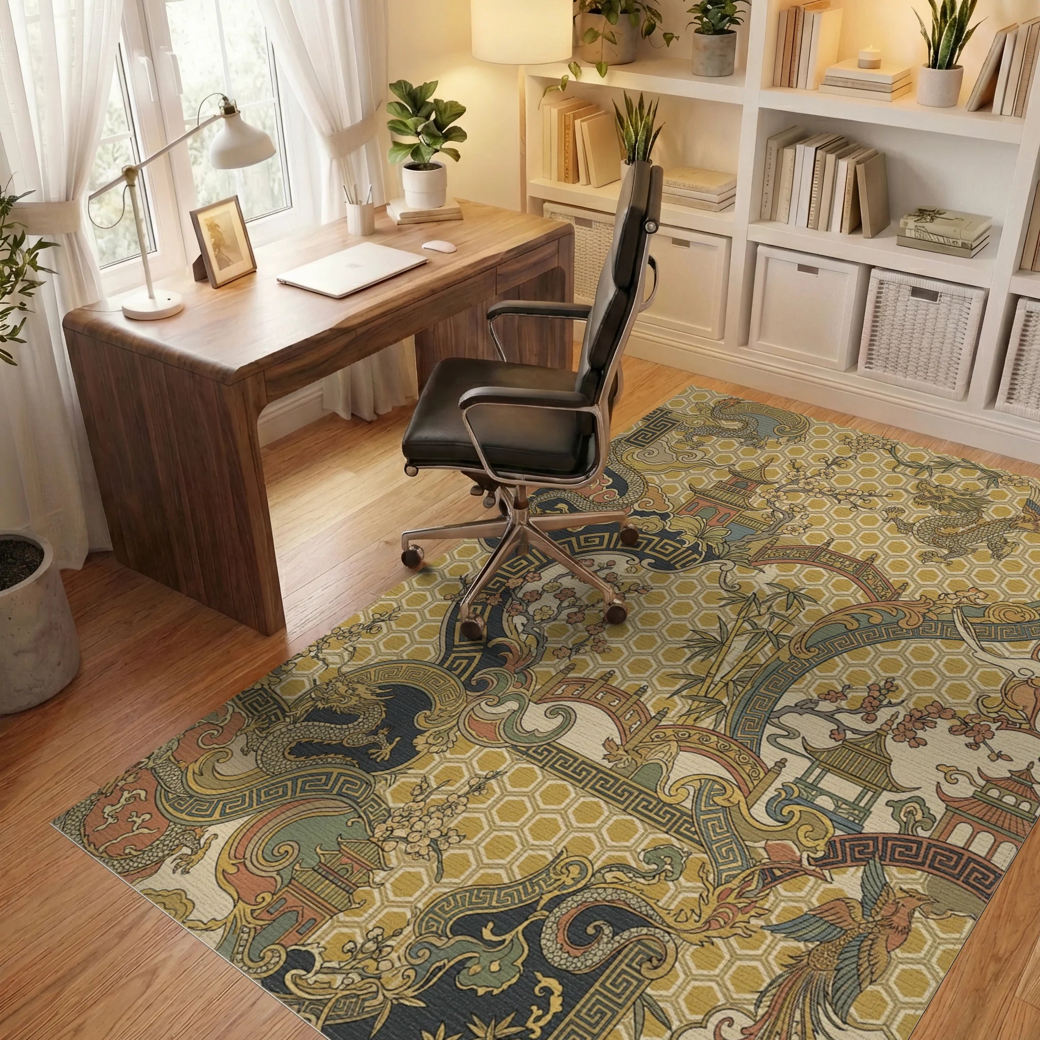 Golden Dragon Phoenix Pagoda Landscape Rug Office View