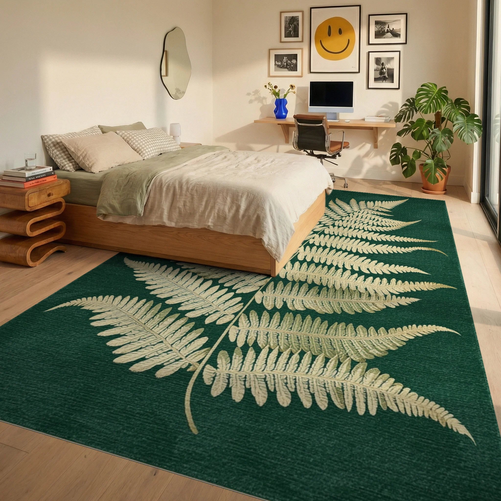 Golden Fern Leaf Emerald Canvas Rug - Bedroom View