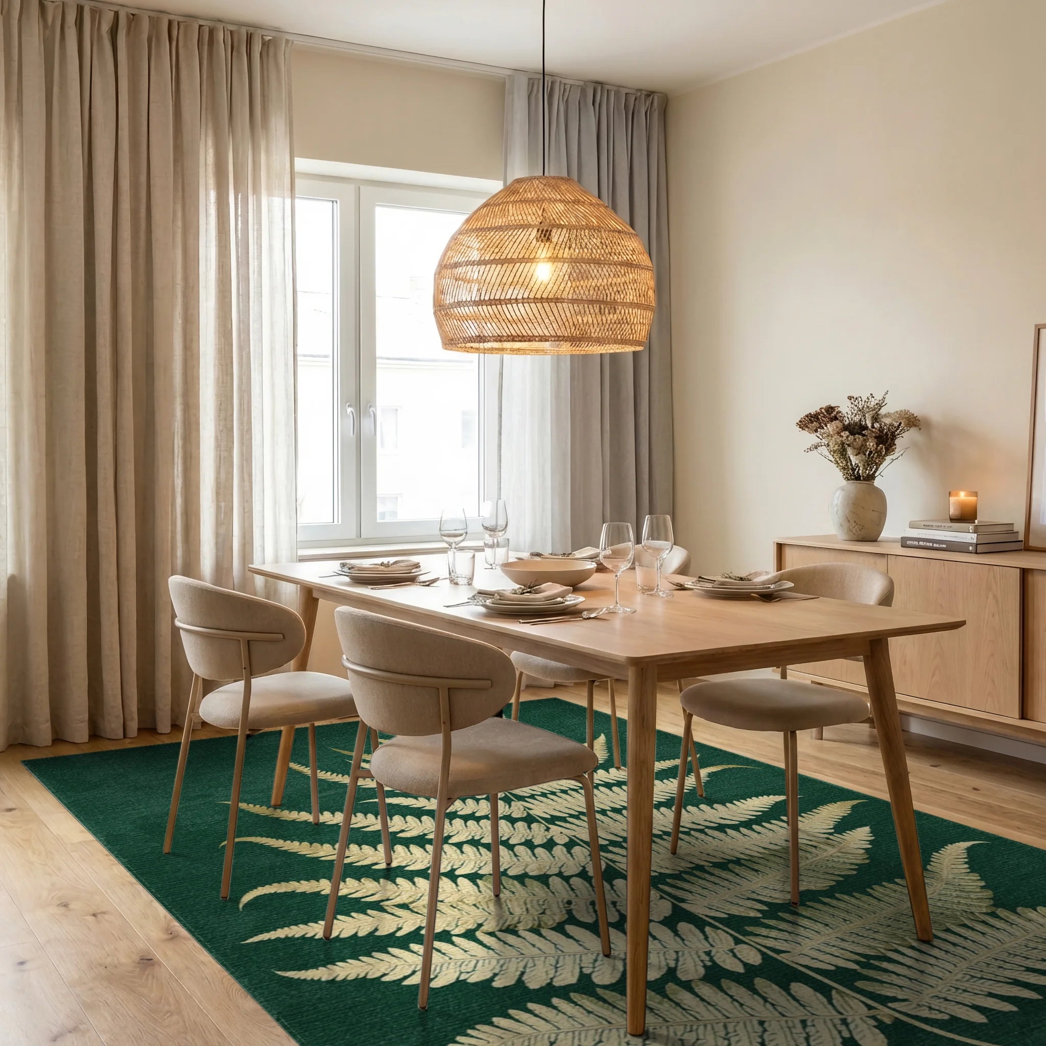 Golden Fern Leaf Emerald Canvas Rug - Dining Room View