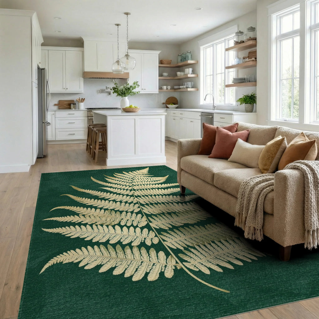 Golden Fern Leaf Emerald Canvas Rug - Living Room View