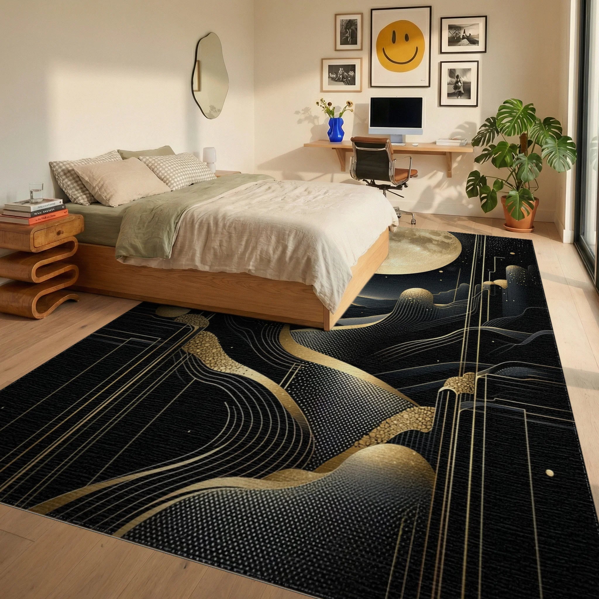 Golden Full Moon Wavy Mountains Rug - Bedroom View