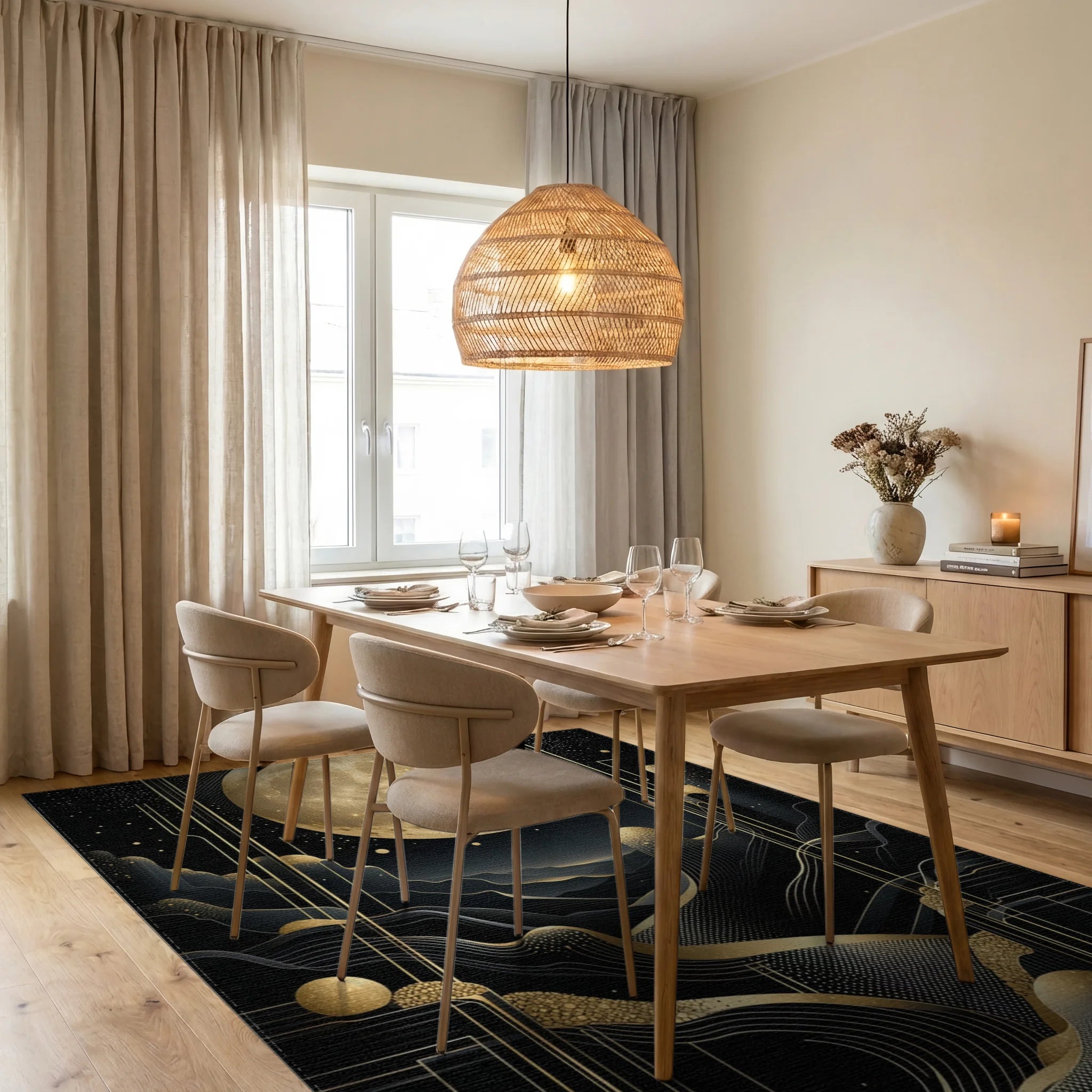 Golden Full Moon Wavy Mountains Rug - Dining Room View