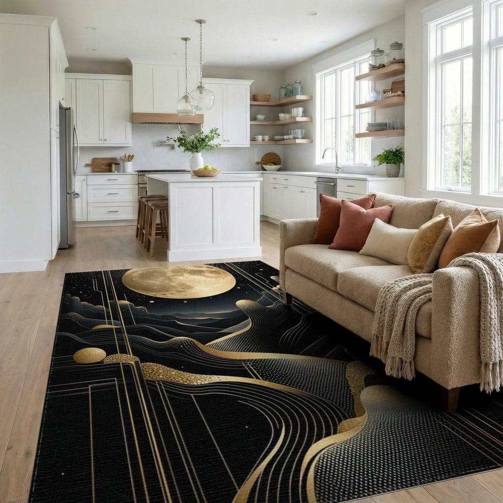 Golden Full Moon Wavy Mountains Rug - Living Room View