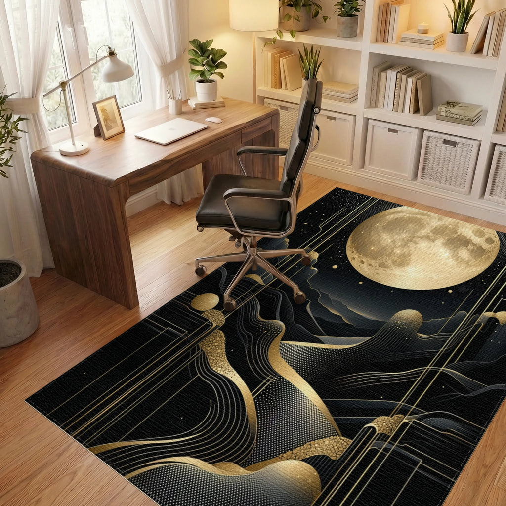 Golden Full Moon Wavy Mountains Rug - Office View