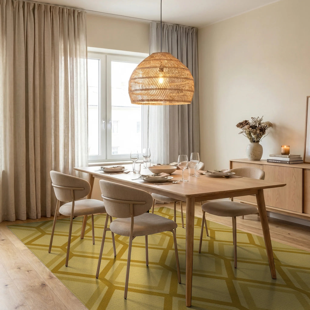 Golden Honeycomb Geometric Diamond Rug Dining Room View