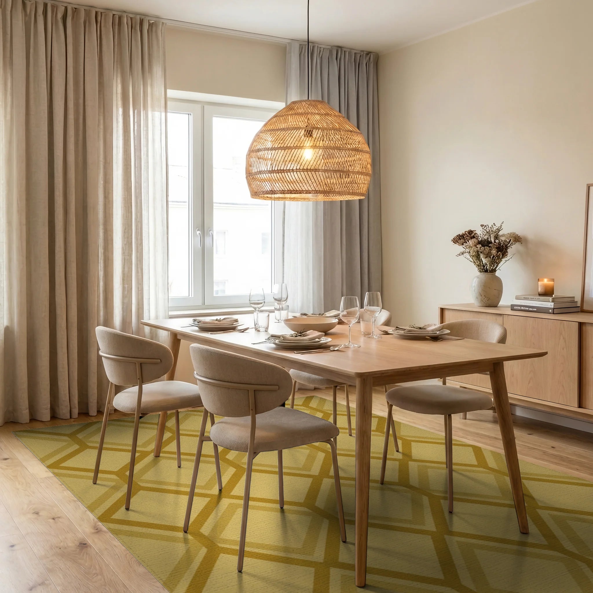 Golden Honeycomb Geometric Diamond Rug Dining Room View