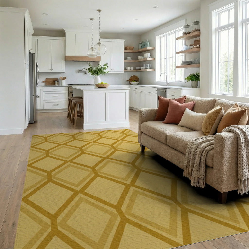 Golden Honeycomb Geometric Diamond Rug Living Room View