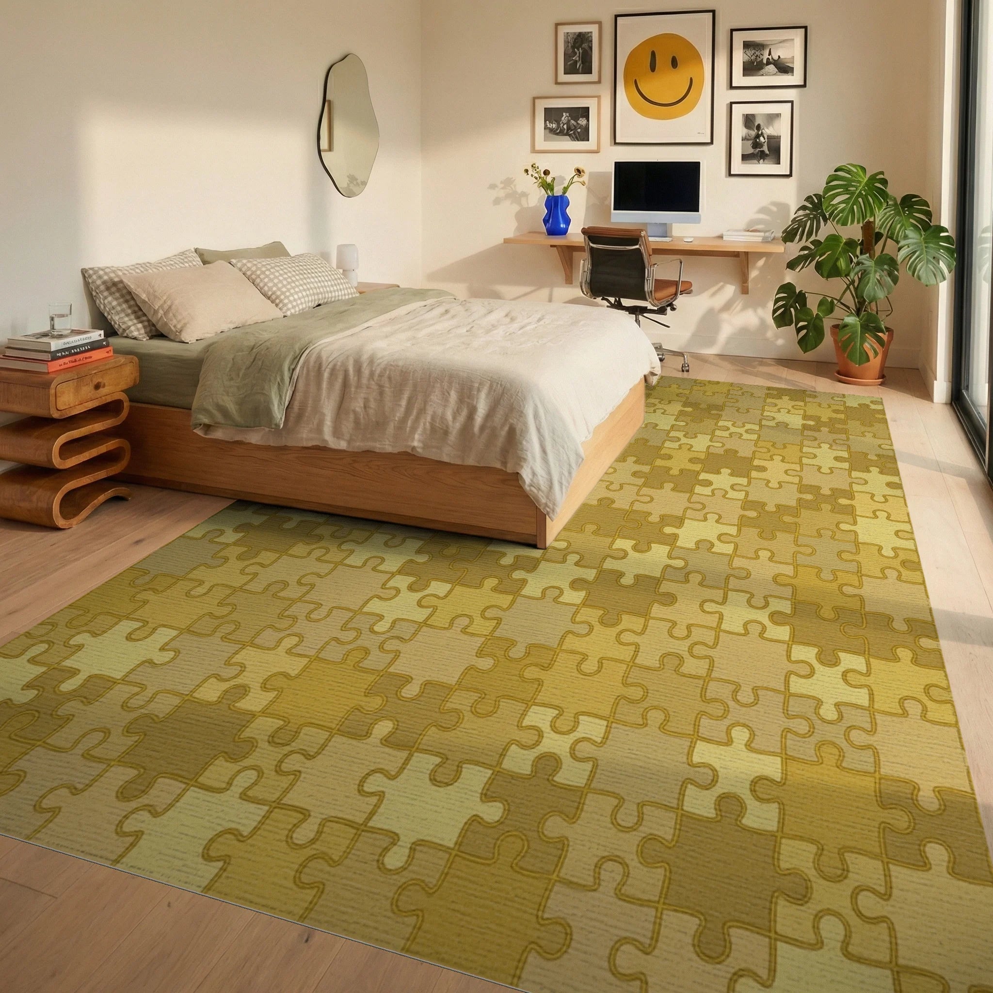 Golden Jigsaw Puzzle Tile Arrangement Rug Bedroom View