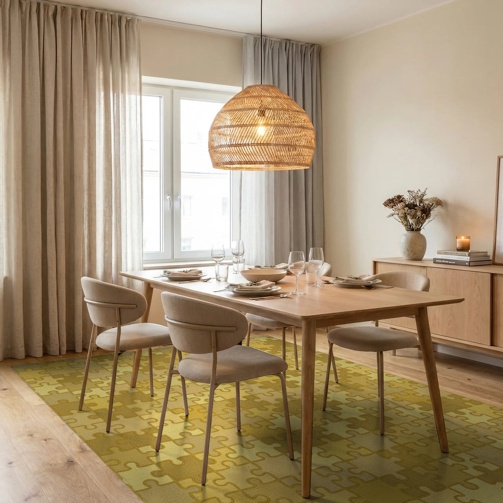 Golden Jigsaw Puzzle Tile Arrangement Rug Dining Room View