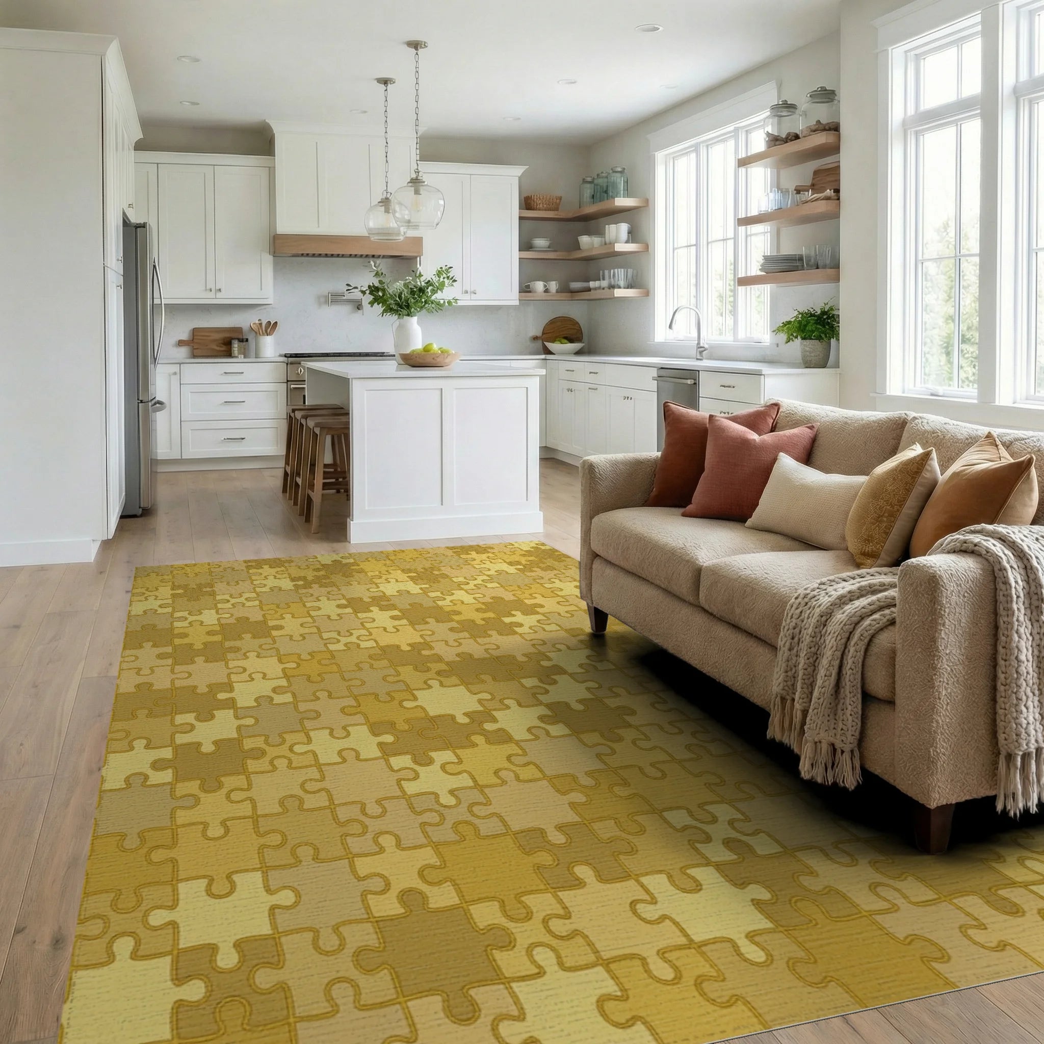 Golden Jigsaw Puzzle Tile Arrangement Rug Living Room View