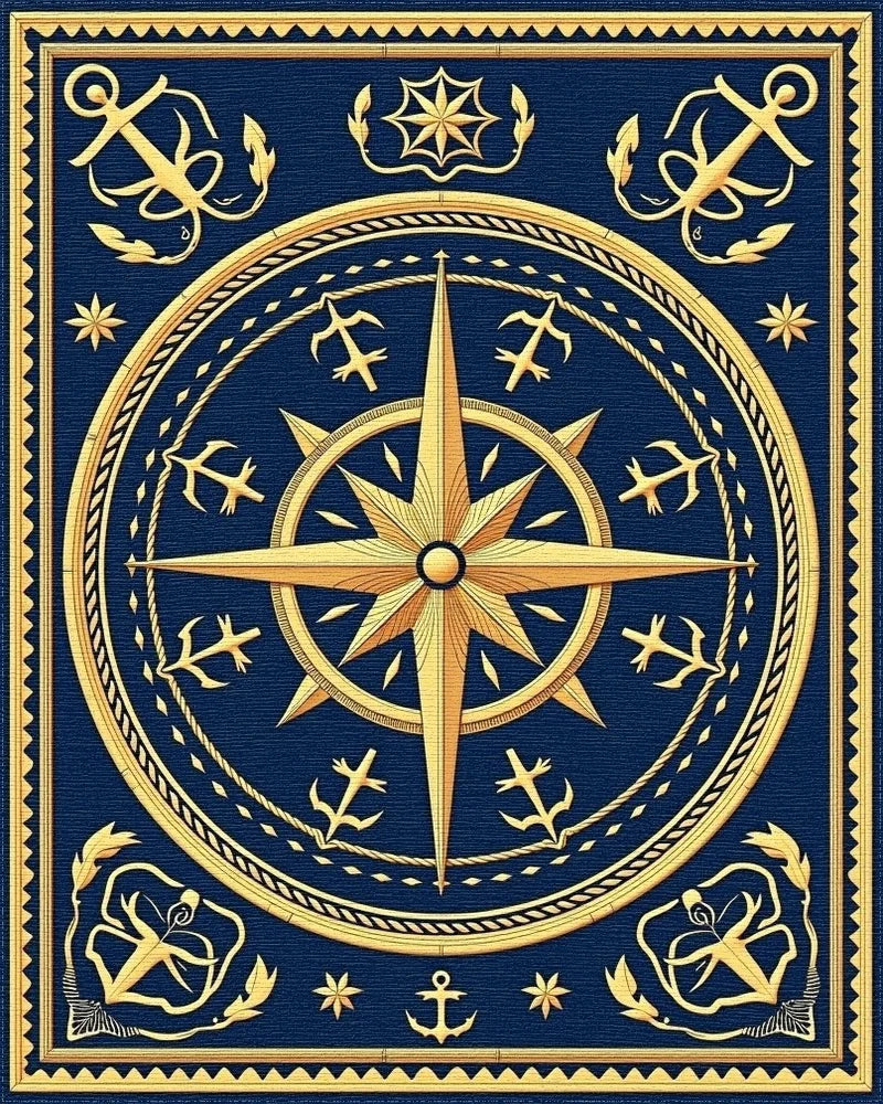 Golden Nautical Compass Starry Night Rug - Cutout View