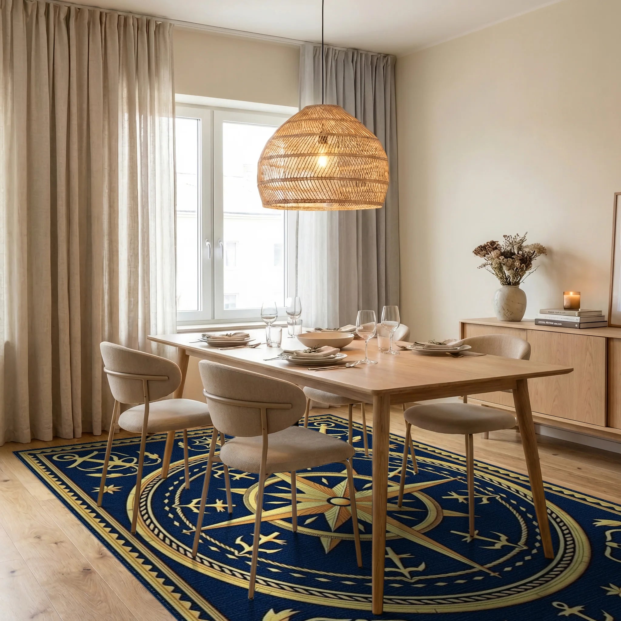 Golden Nautical Compass Starry Night Rug Dining Room View