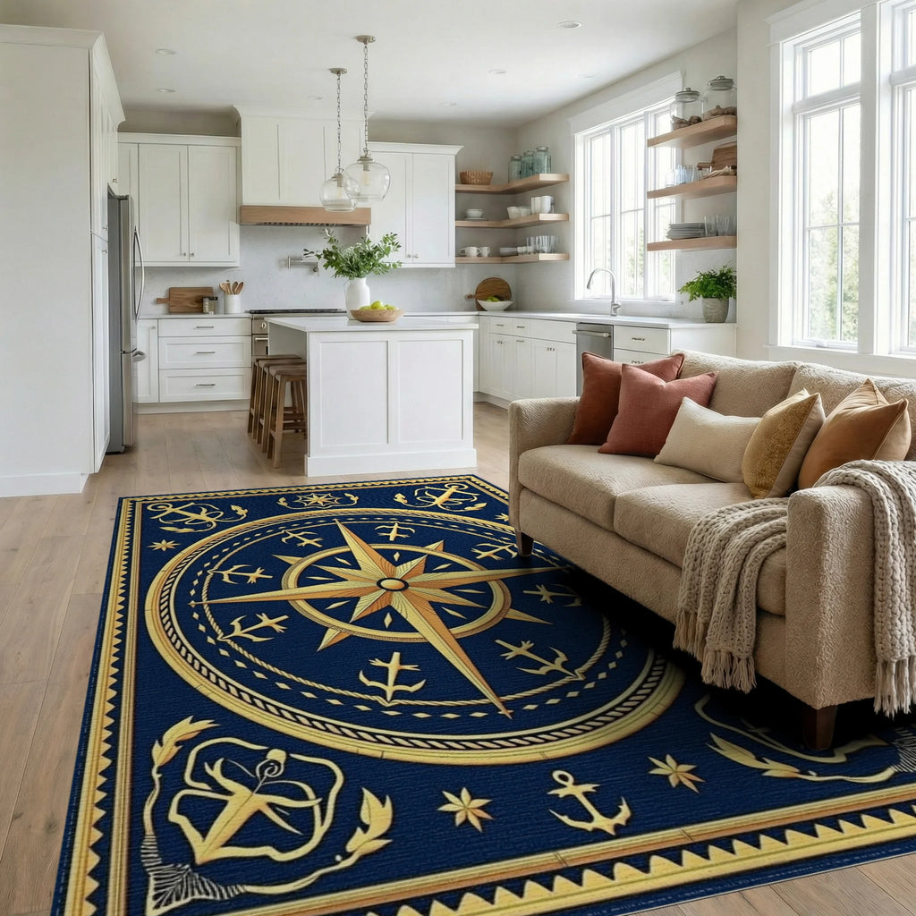 Golden Nautical Compass Starry Night Rug Living Room View