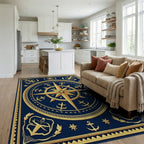 Golden Nautical Compass Starry Night Rug Living Room View