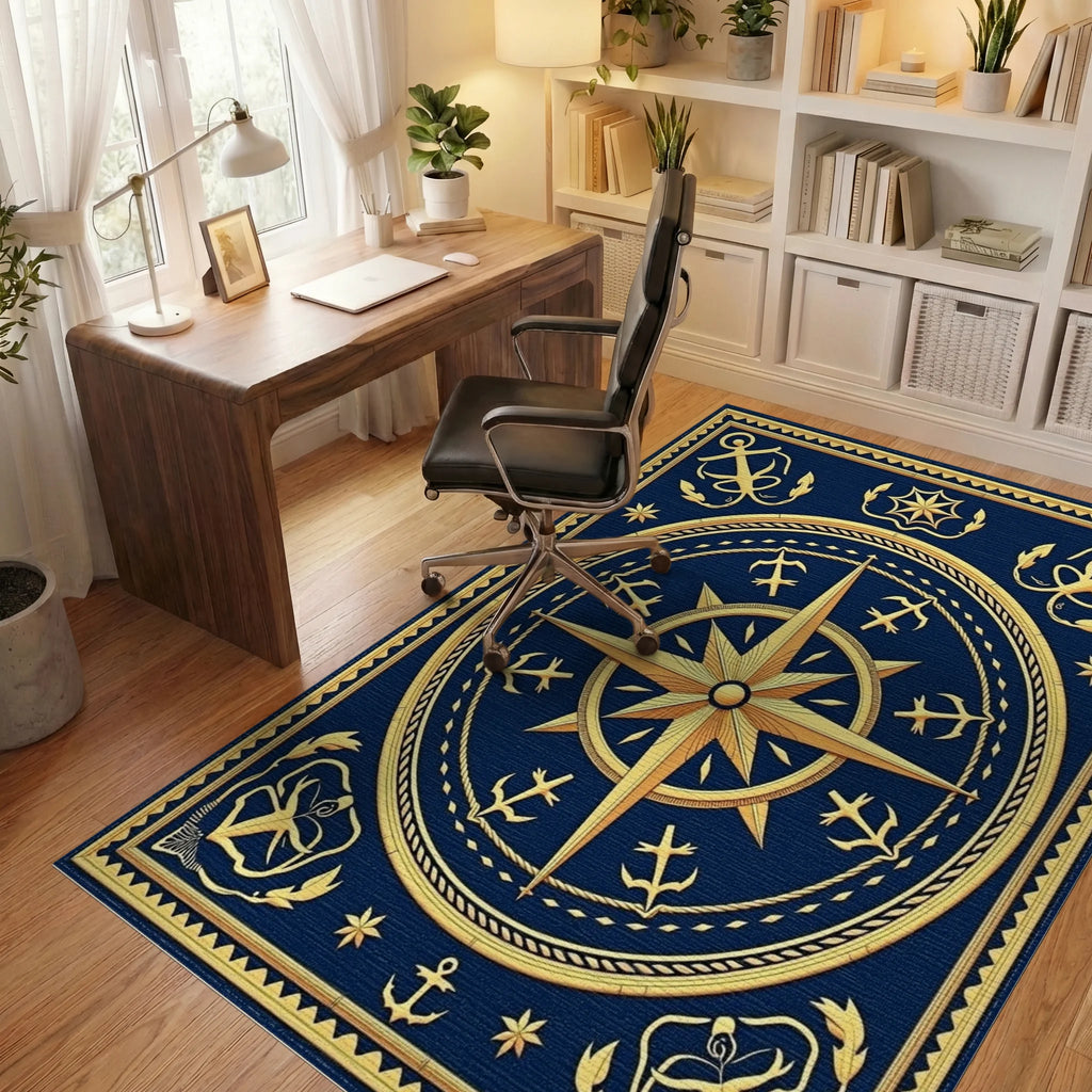 Golden Nautical Compass Starry Night Rug Office View