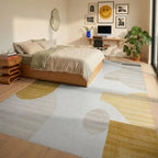 Golden Ochre Abstract Geometric Shapes Rug - Bedroom View