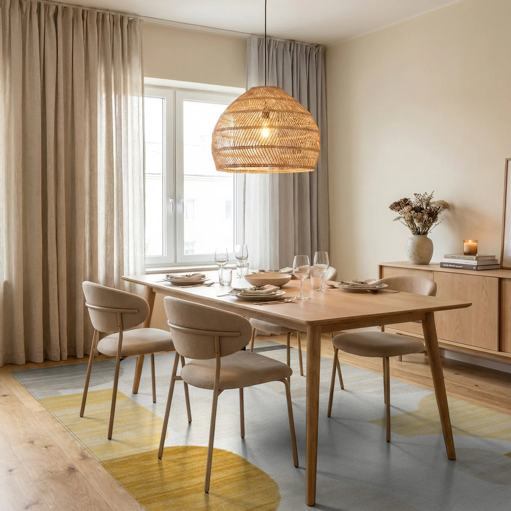 Golden Ochre Abstract Geometric Shapes Rug - Dining Room View