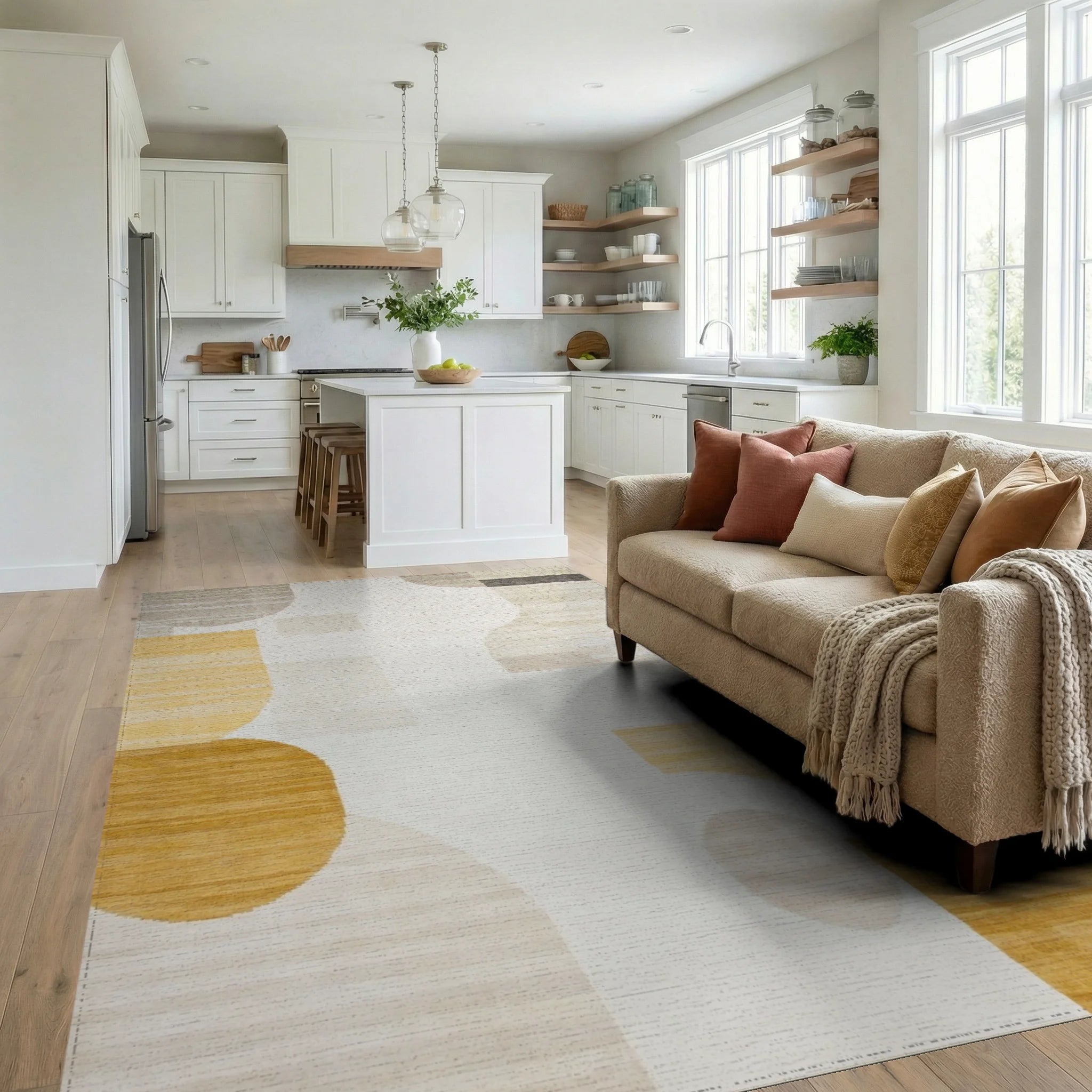 Golden Ochre Abstract Geometric Shapes Rug - Living Room View