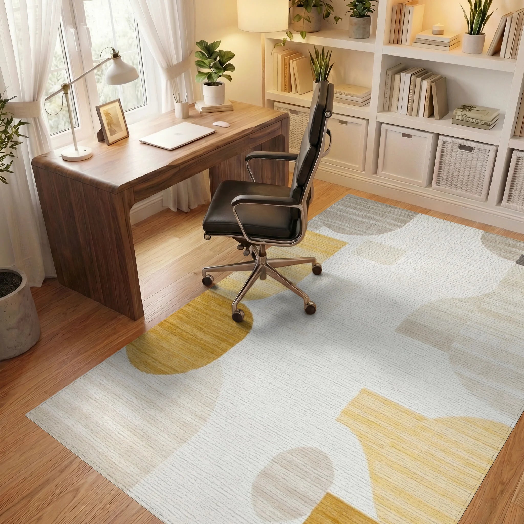 Golden Ochre Abstract Geometric Shapes Rug - Office View