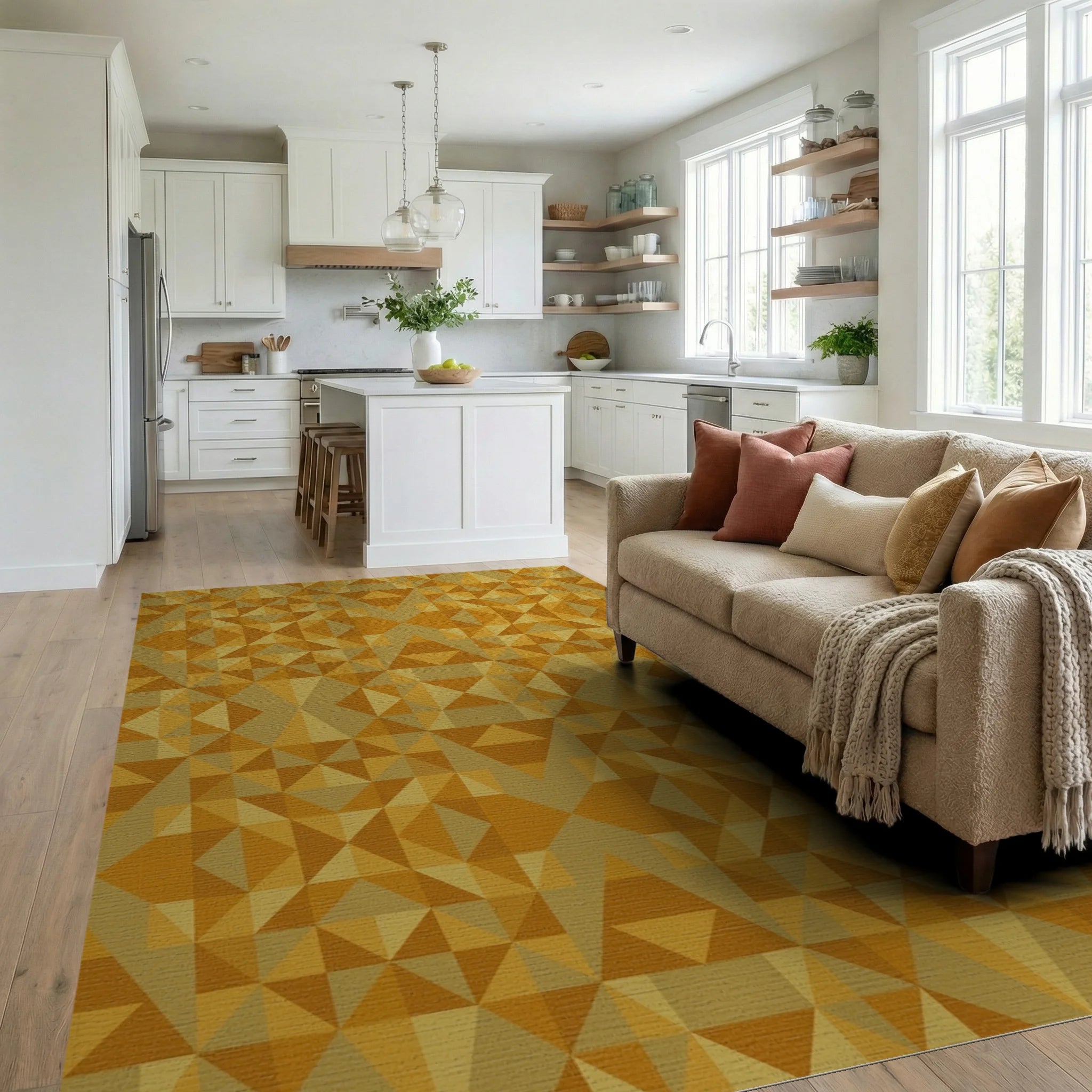 Golden Ochre Geometric Abstract Rug Living Room View