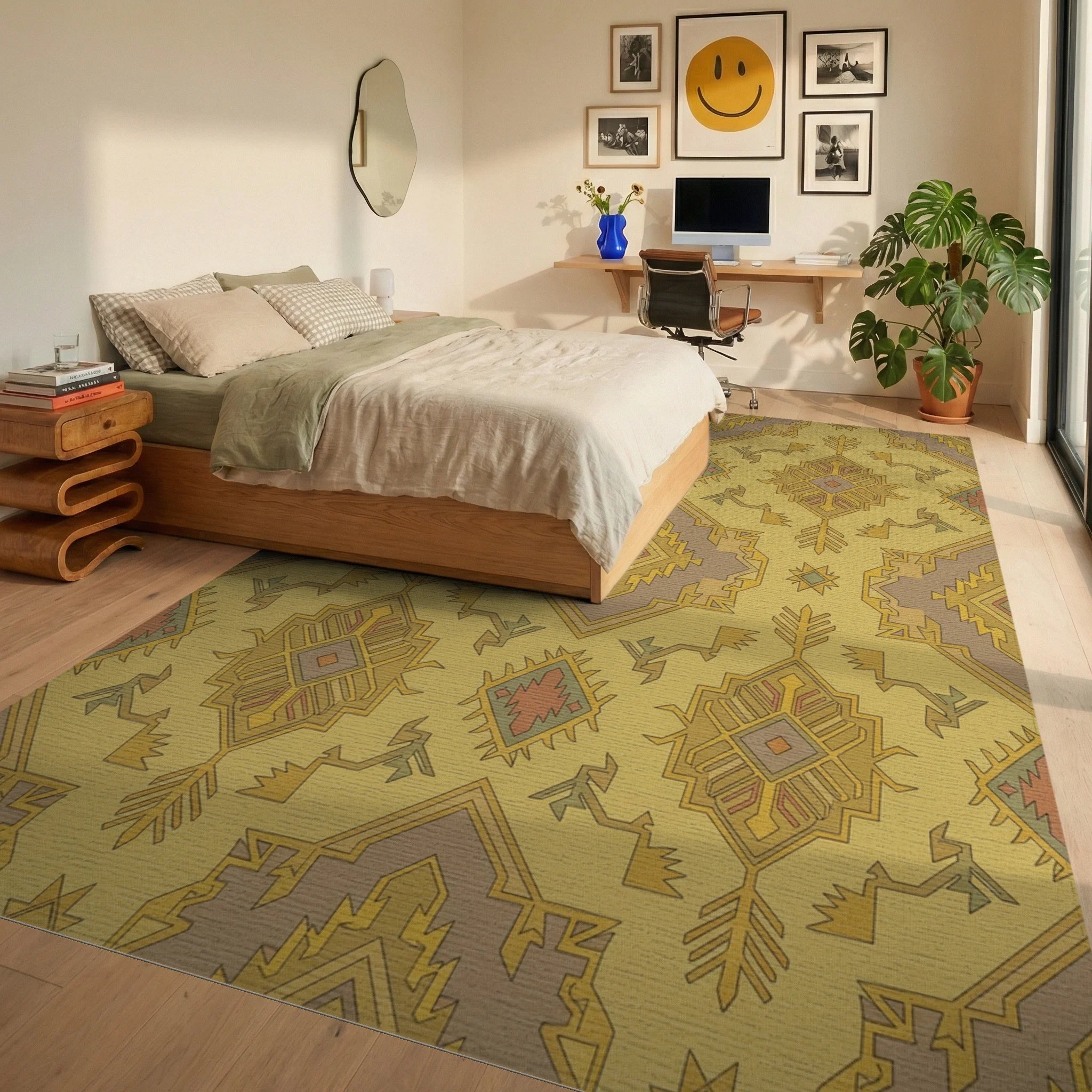 Golden Ochre Geometric Medallion Rug Bedroom View