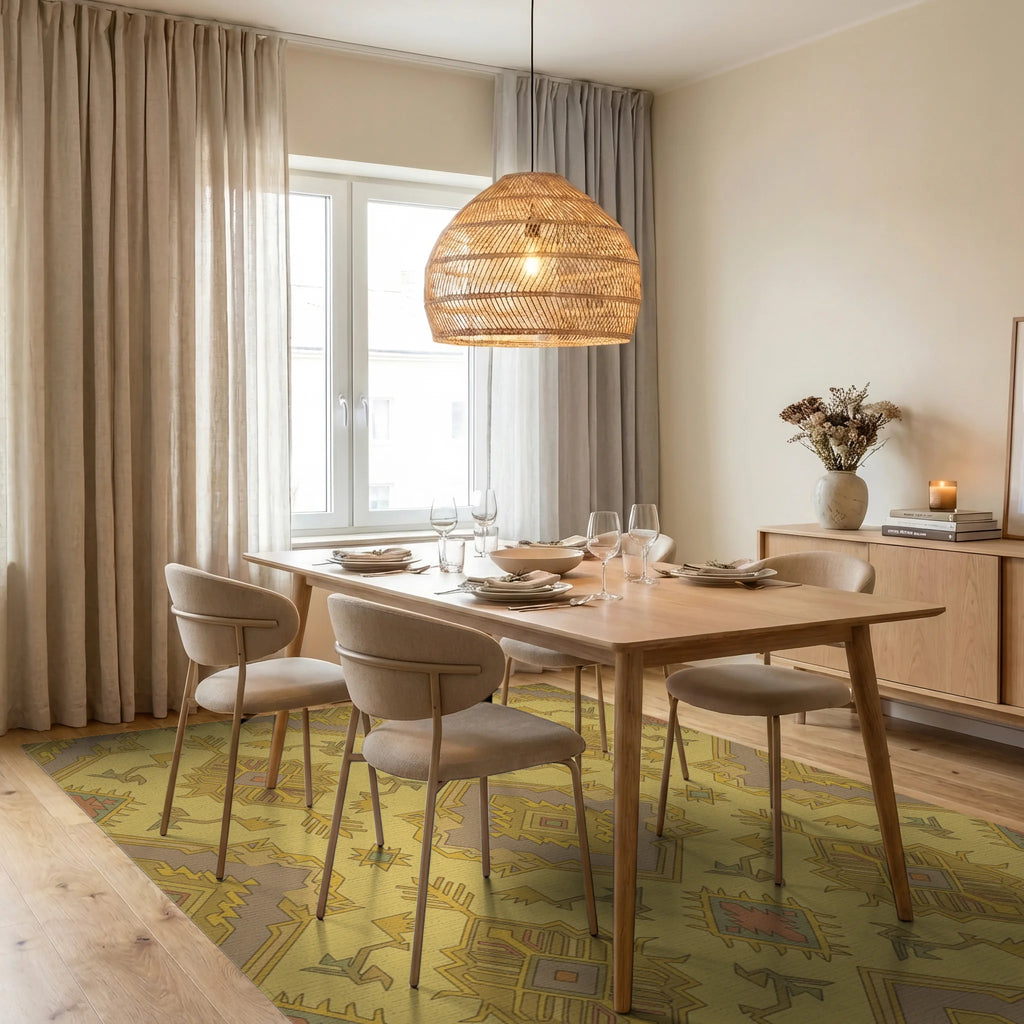 Golden Ochre Geometric Medallion Rug Dining Room View