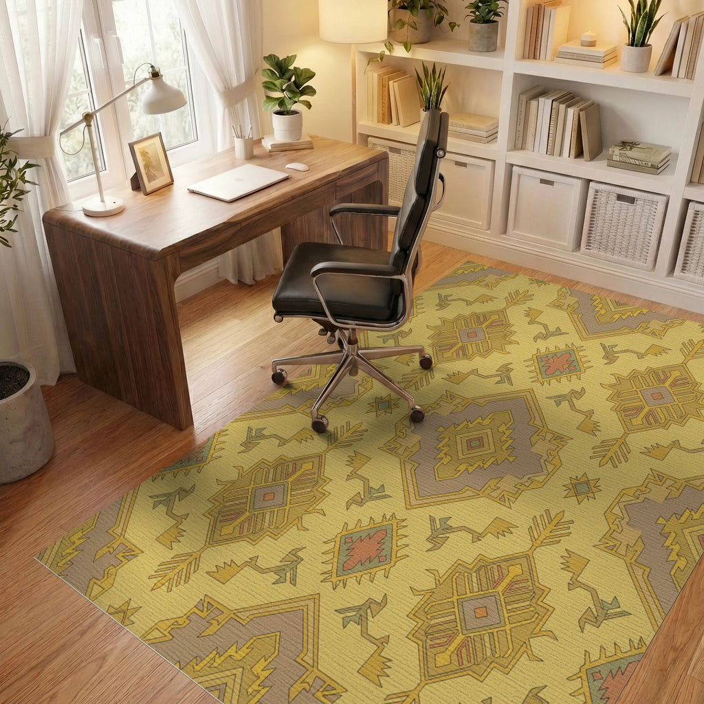 Golden Ochre Geometric Medallion Rug Office View