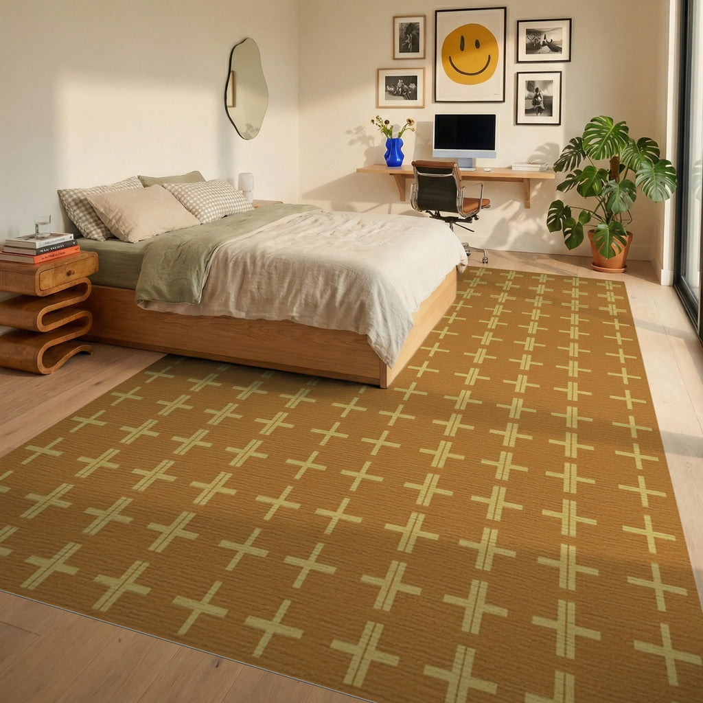 Golden Ochre Plus Grid Rug Bedroom View
