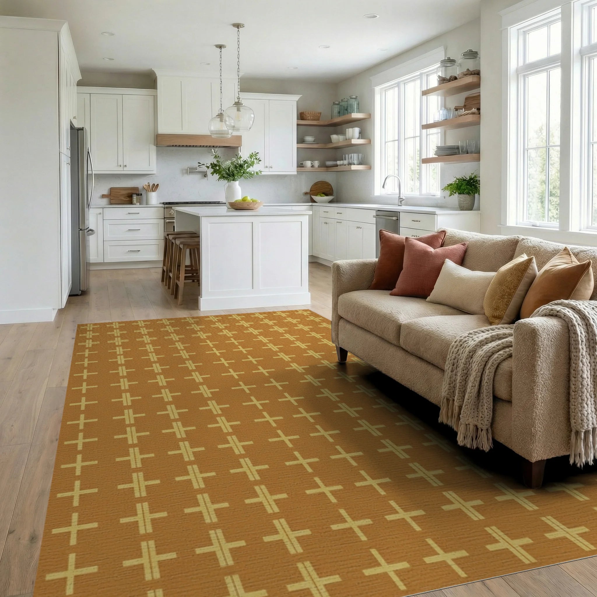 Golden Ochre Plus Grid Rug Living Room View
