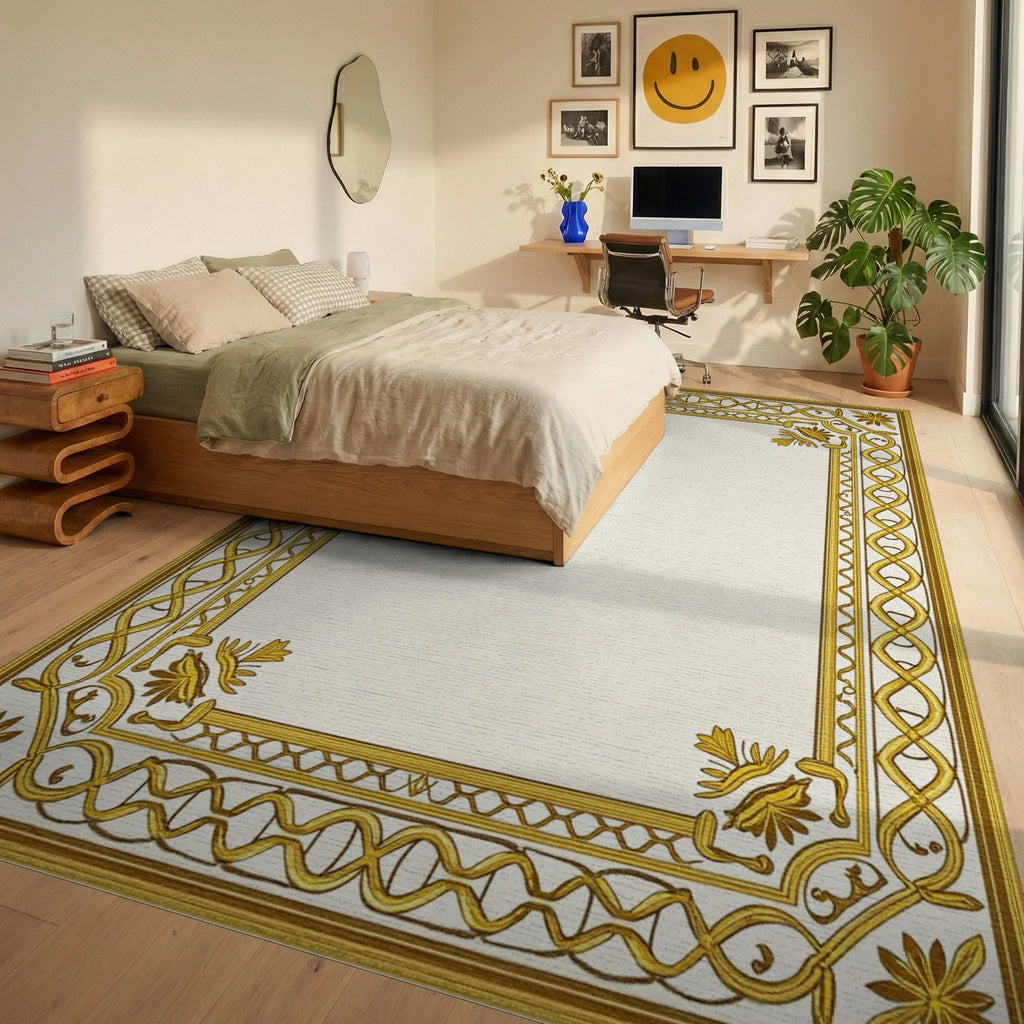 Golden Ornate Scroll Border Rug - Bedroom View