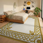 Golden Ornate Scroll Border Rug - Bedroom View