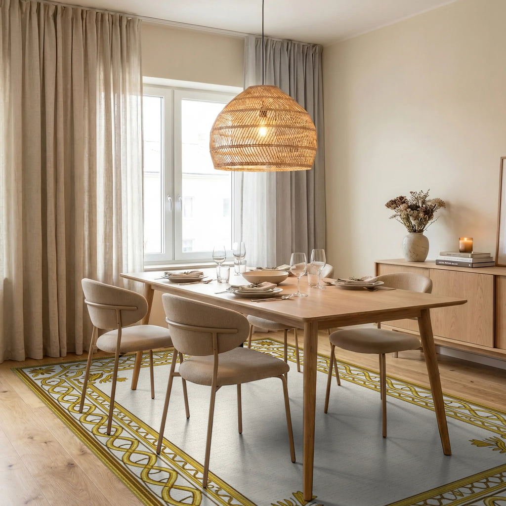 Golden Ornate Scroll Border Rug - Dining Room View