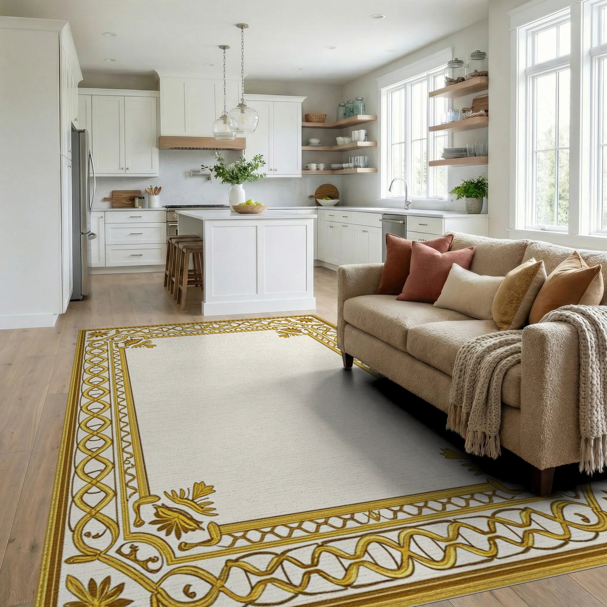 Golden Ornate Scroll Border Rug - Living Room View