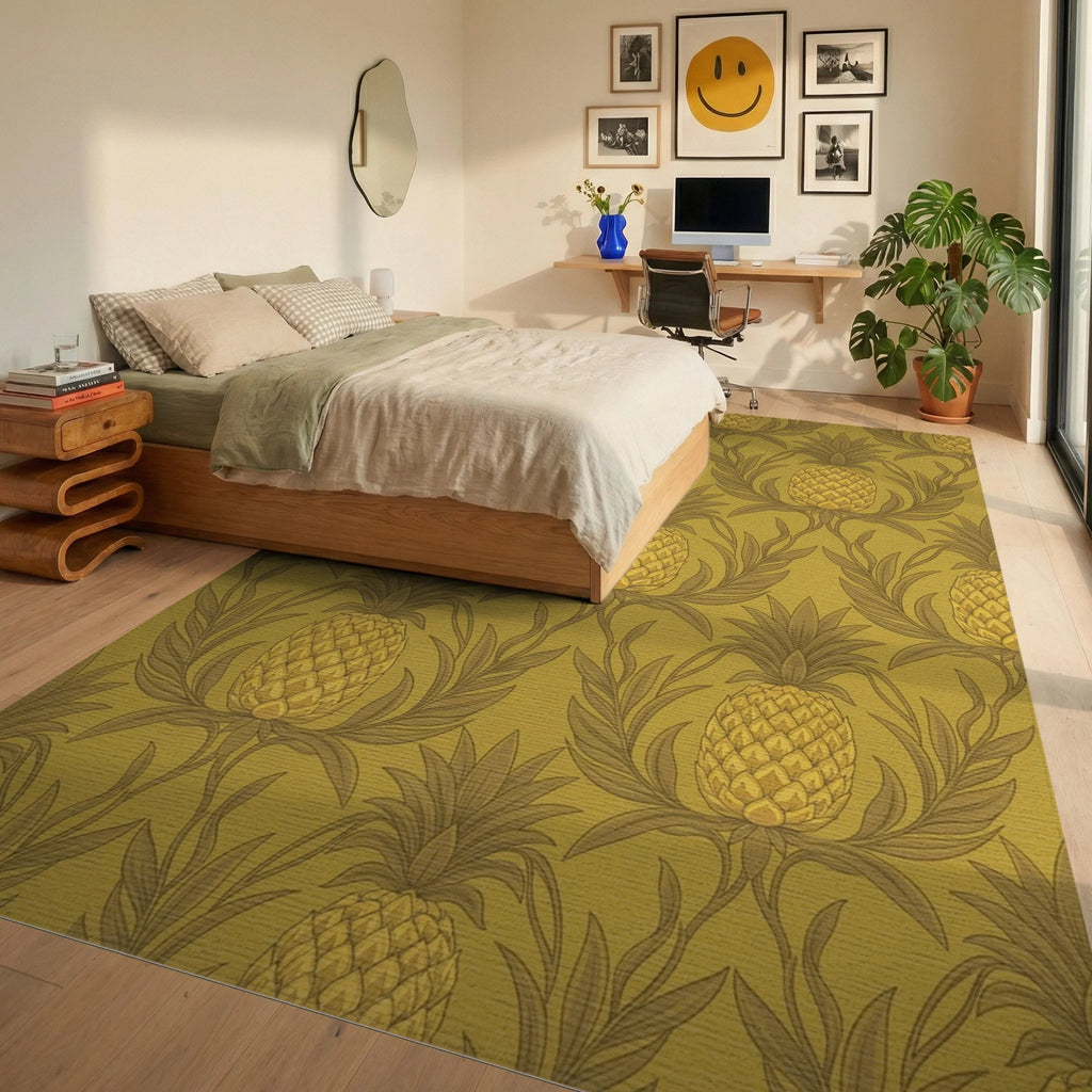 Golden Pineapple Botanical Swirl Rug Bedroom View