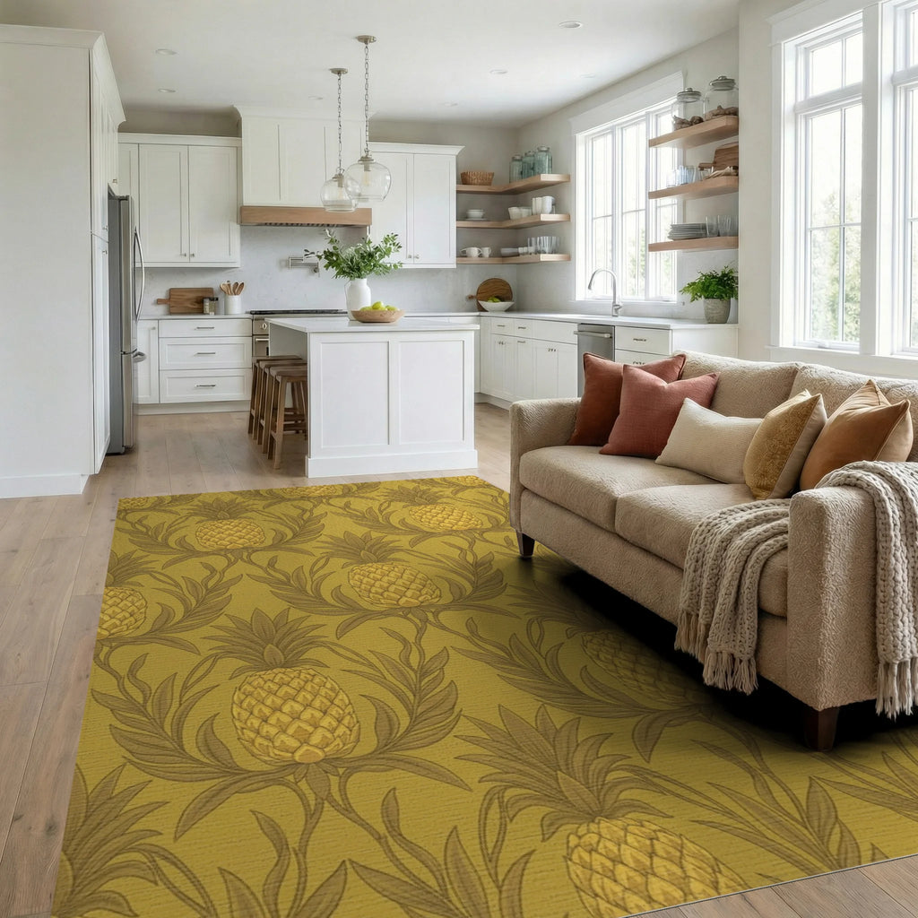 Golden Pineapple Botanical Swirl Rug Living Room View